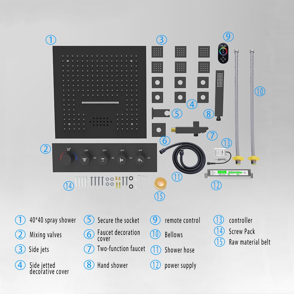 Wall-Mounted 16" Shower System in Black 4 Function Thermostatic window image