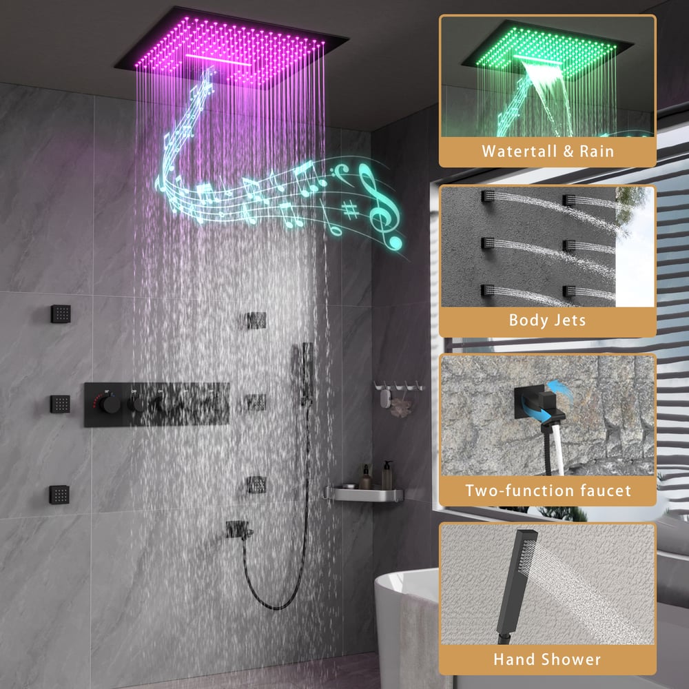 Wall-Mounted 16" Shower System in Black 4 Function Thermostatic window image