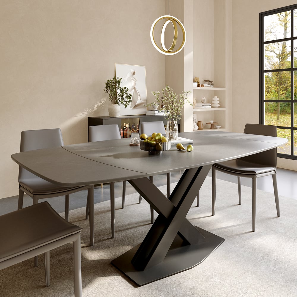 Table de salle à manger moderne extensible en pierre frittée grise de 1800 mm avec base en X à feuilles pour 4 à 6 personnes image de fenêtre