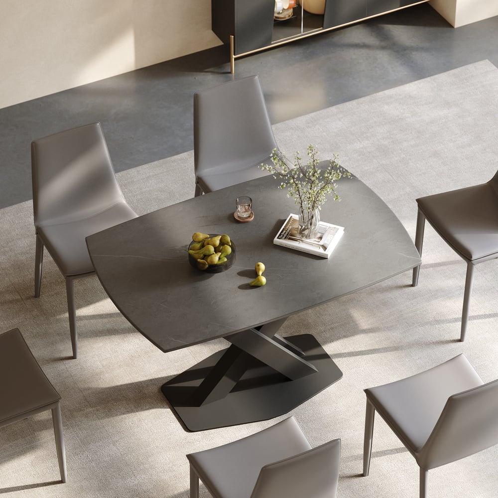 Table de salle à manger moderne extensible en pierre frittée grise de 1800 mm avec base en X à feuilles pour 4 à 6 personnes image de fenêtre