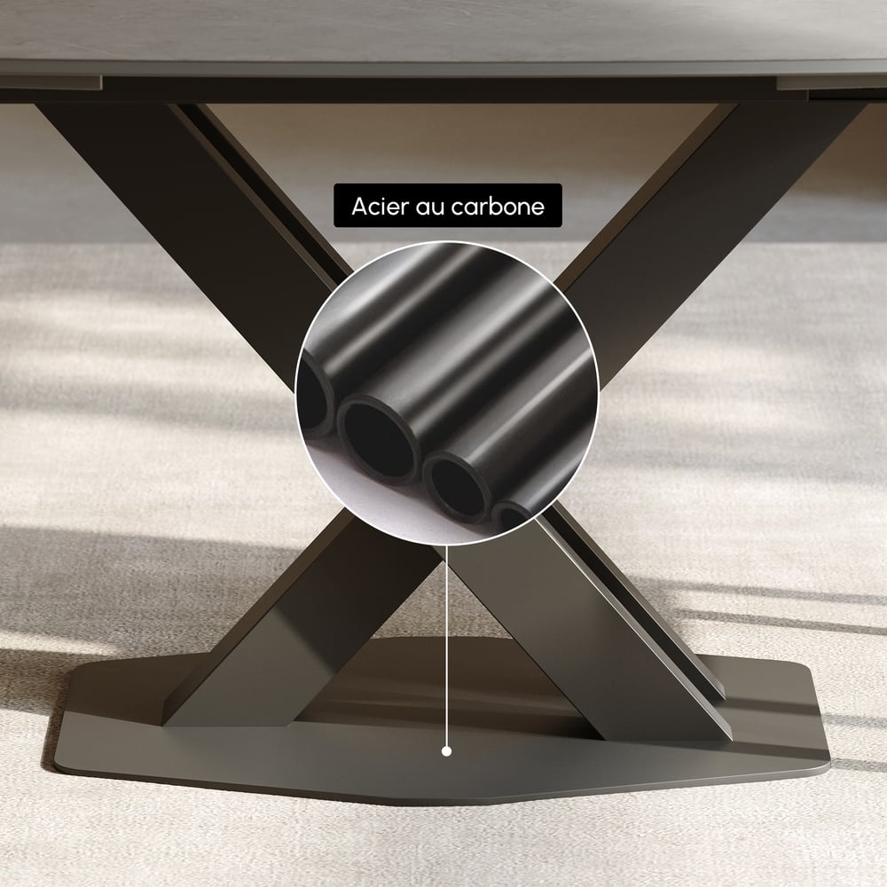 Table de salle à manger moderne extensible en pierre frittée grise de 1800 mm avec base en X à feuilles pour 4 à 6 personnes image de fenêtre