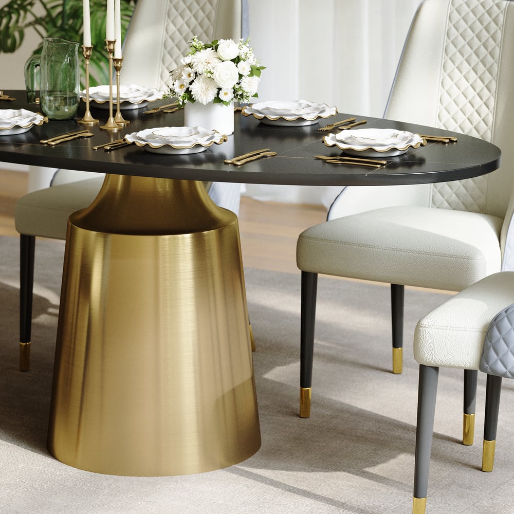 1600mm Modern Oval Stone Dining Table with Bronze Carbon Steel Base window image