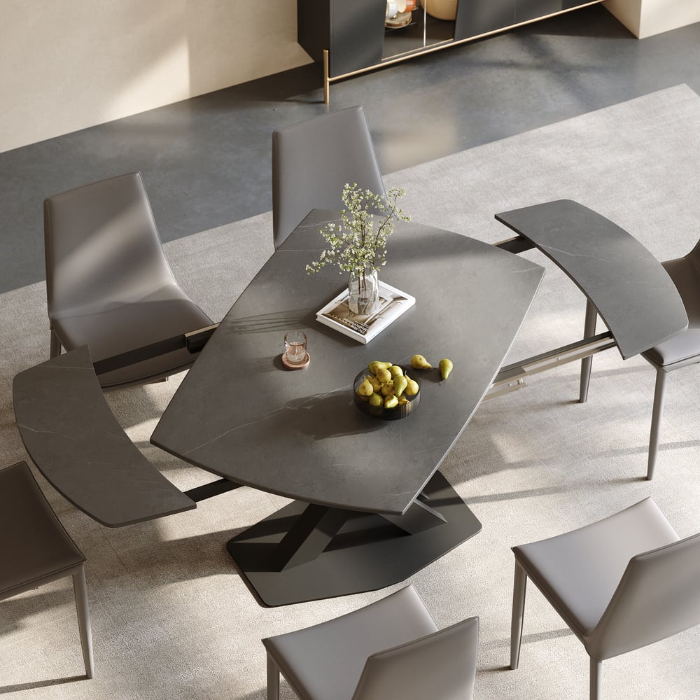 Table de salle à manger moderne extensible en pierre frittée grise de 1800 mm avec base en X à feuilles pour 4 à 6 personnes image de fenêtre