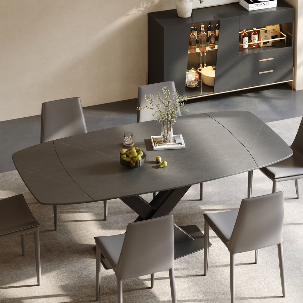 Table de salle à manger moderne extensible en pierre frittée grise de 1800 mm avec base en X à feuilles pour 4 à 6 personnes image de fenêtre