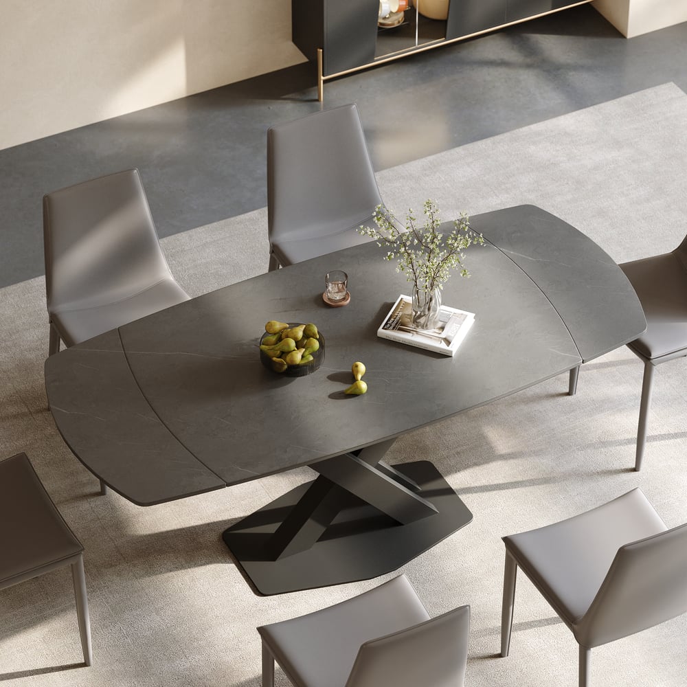 Table de salle à manger moderne extensible en pierre frittée grise de 1800 mm avec base en X à feuilles pour 4 à 6 personnes image de fenêtre