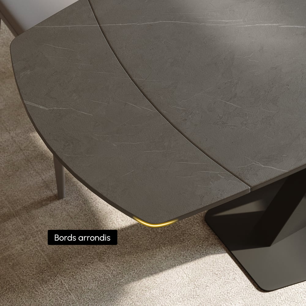 Table de salle à manger moderne extensible en pierre frittée grise de 1800 mm avec base en X à feuilles pour 4 à 6 personnes image de fenêtre