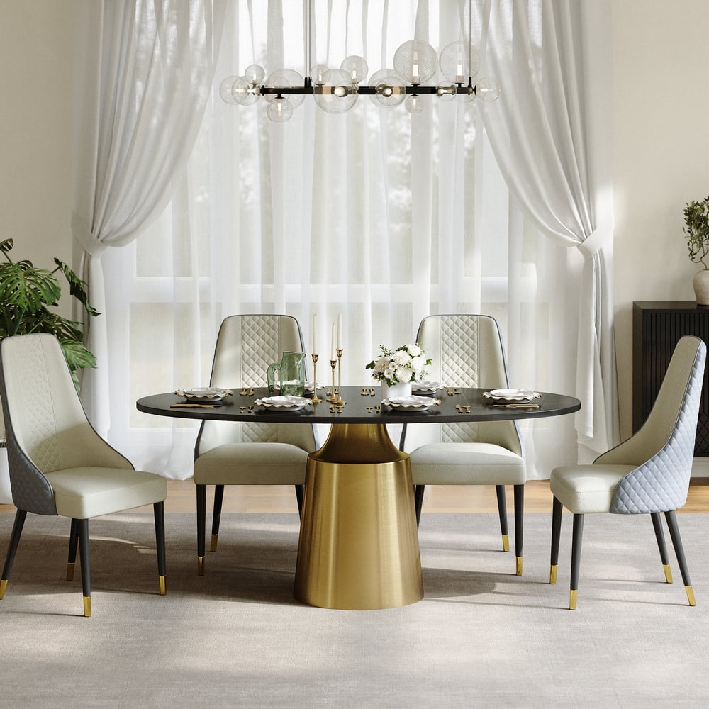 1600mm Modern Oval Stone Dining Table with Bronze Carbon Steel Base window image
