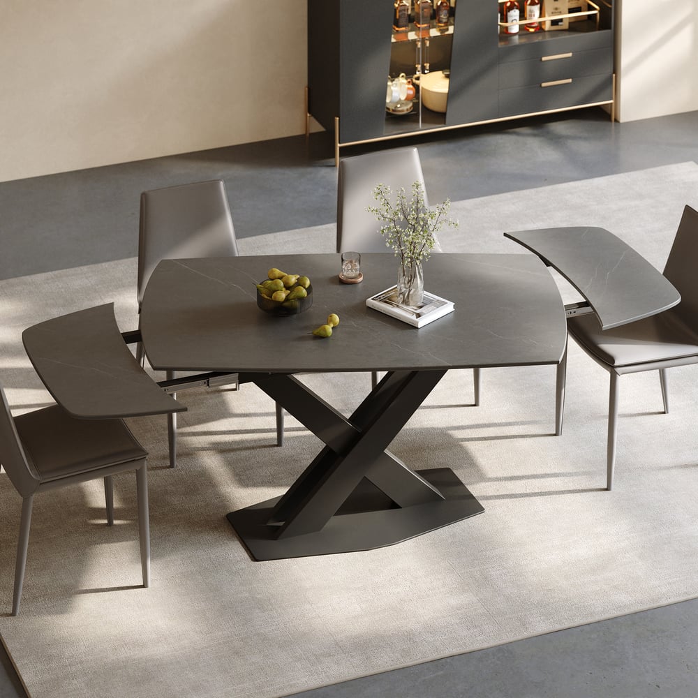 Table de salle à manger moderne extensible en pierre frittée grise de 1800 mm avec base en X à feuilles pour 4 à 6 personnes image de fenêtre