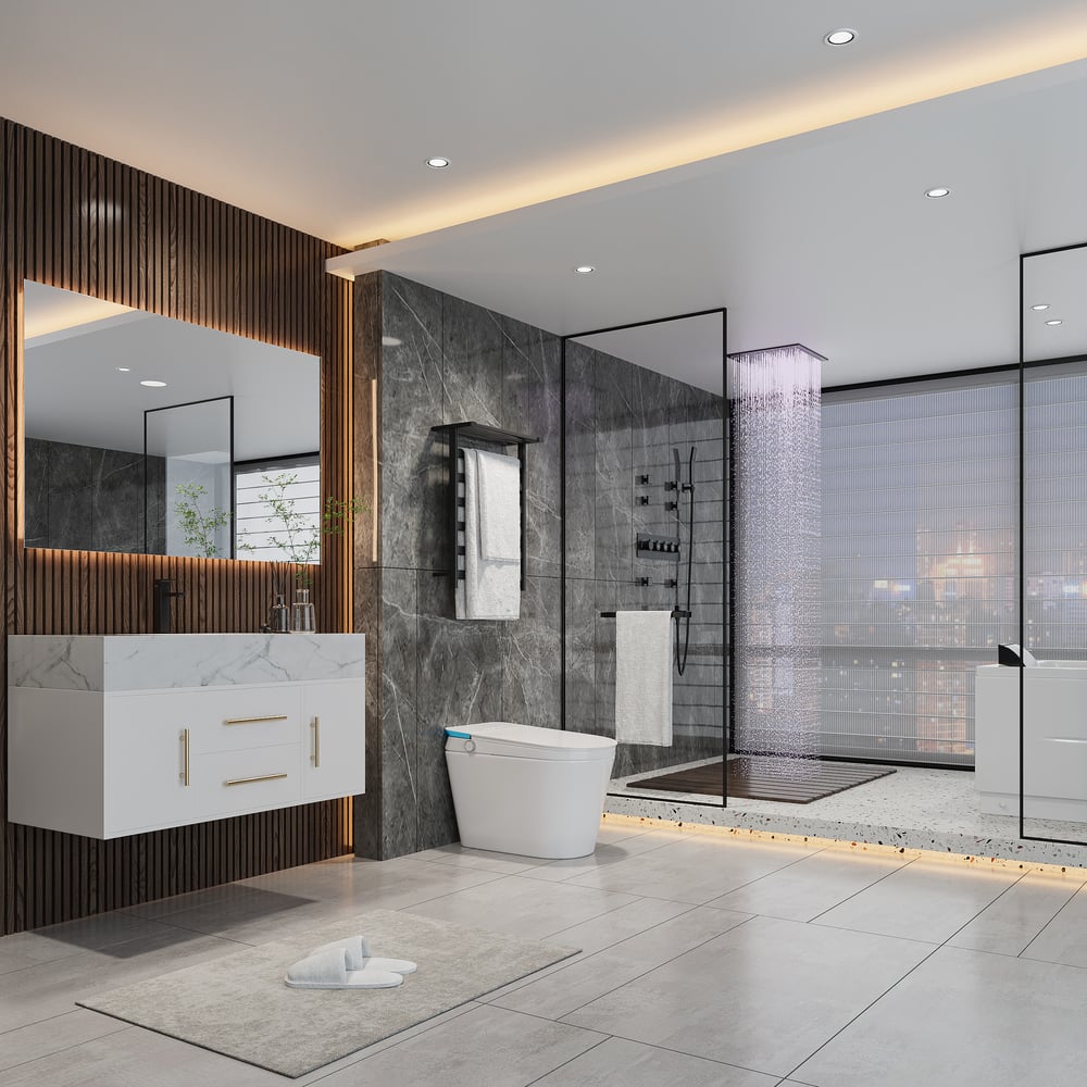 Wall-Mounted 16" Shower System in Black 4 Function Thermostatic window image