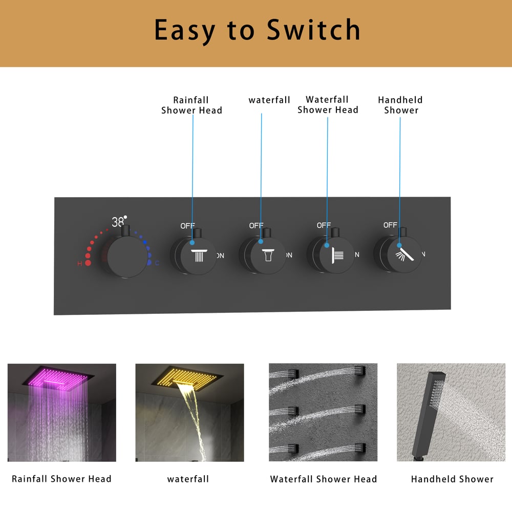 Wall-Mounted 16" Shower System in Black 4 Function Thermostatic window image