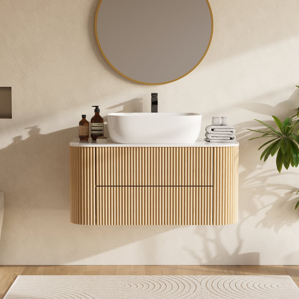 36" Floating Bathroom Vanity with Vessel Sink, Modern Style, Fluted Design window image