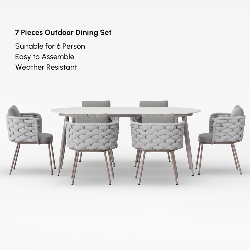 7 Pieces 70.9'' Outdoor Sintered Stone Top Dining Table Set with Rope Woven Armchairs