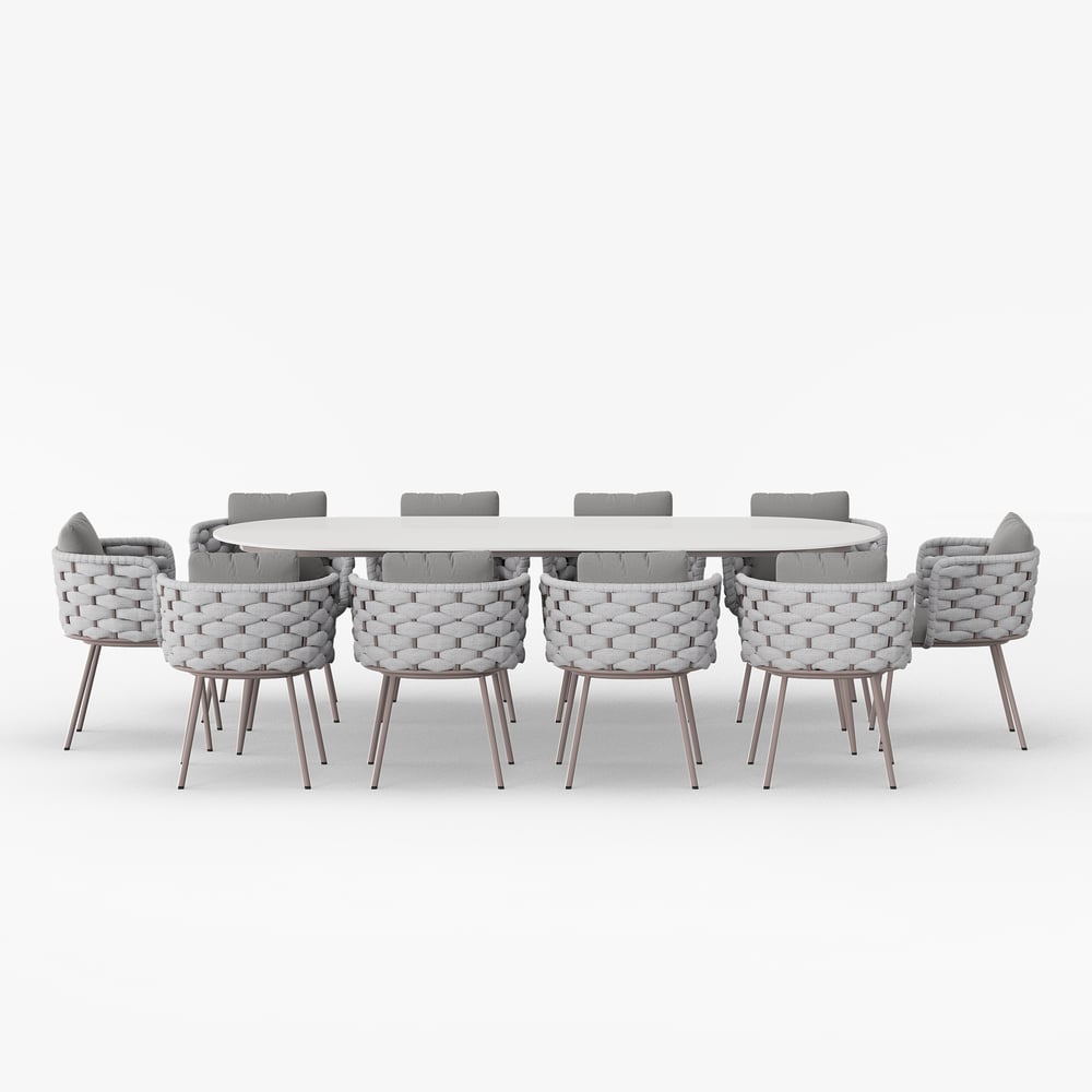 9 Pieces 84'' Outdoor Sintered Stone Top Dining Table Set with Rope Woven Armchairs window image