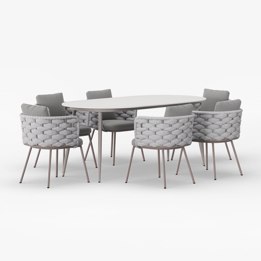 7 Pieces 70.9'' Outdoor Sintered Stone Top Dining Table Set with Rope Woven Armchairs