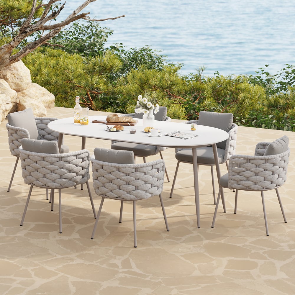 Customer Reviews for 7 Pieces 70.9'' Outdoor Sintered Stone Top Dining Table Set with Rope Woven Armchairs
