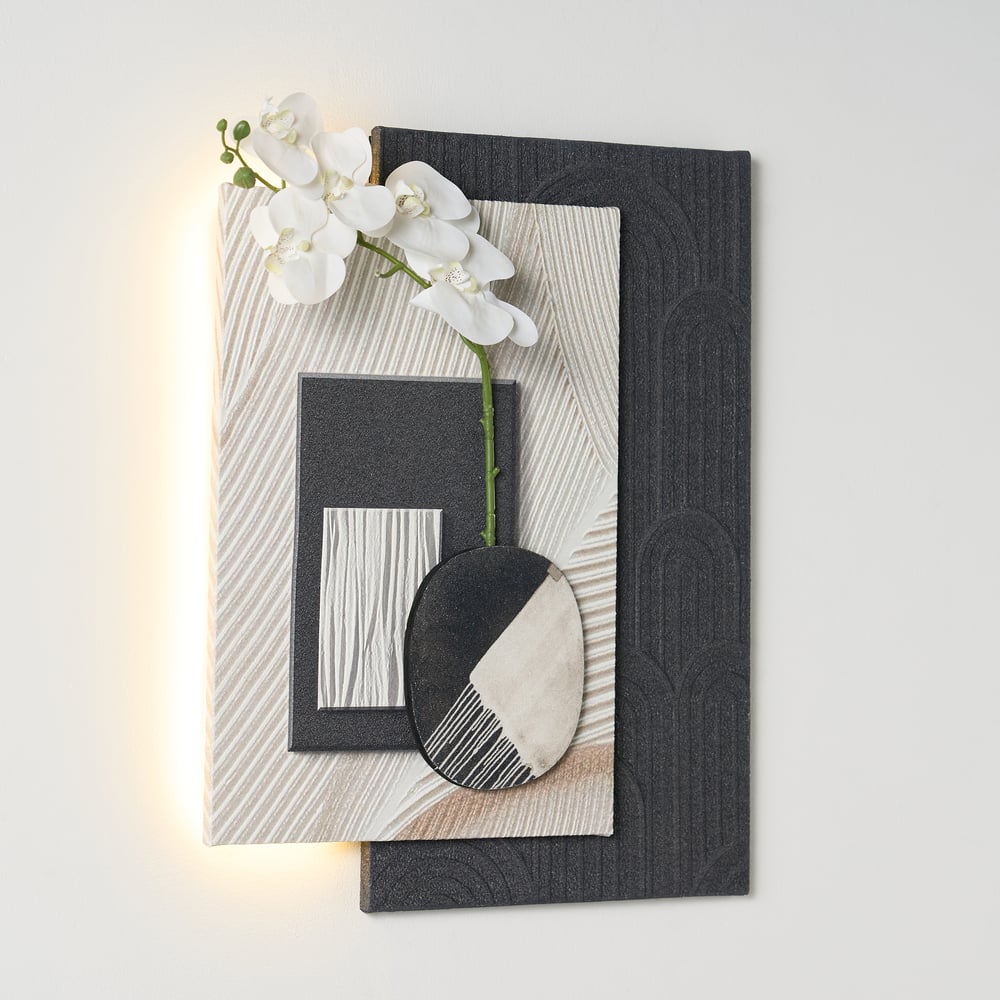 Modern Black & White Wall Art with LED Warm Light & Faux Orchid – 23.6" x 19.3"