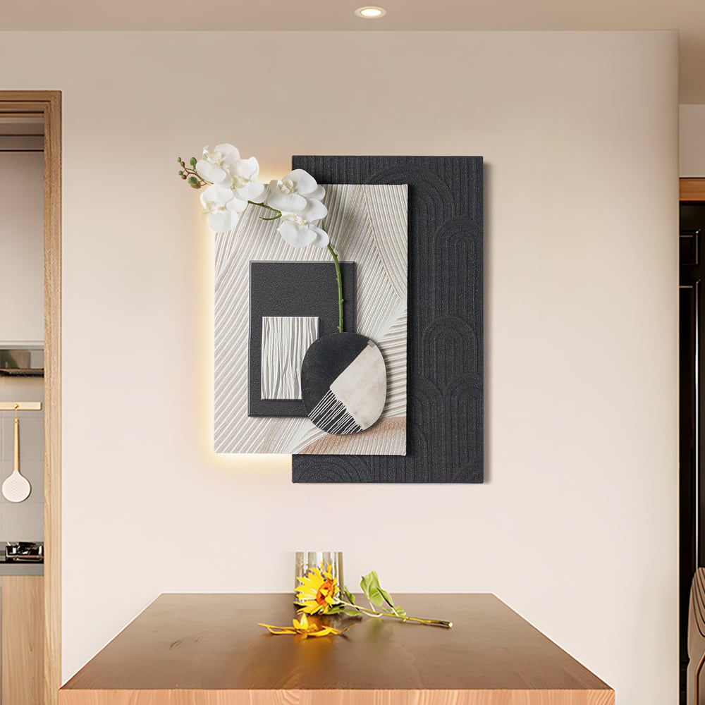Modern Black & White Wall Art with LED Warm Light & Faux Orchid – 23.6" x 19.3"