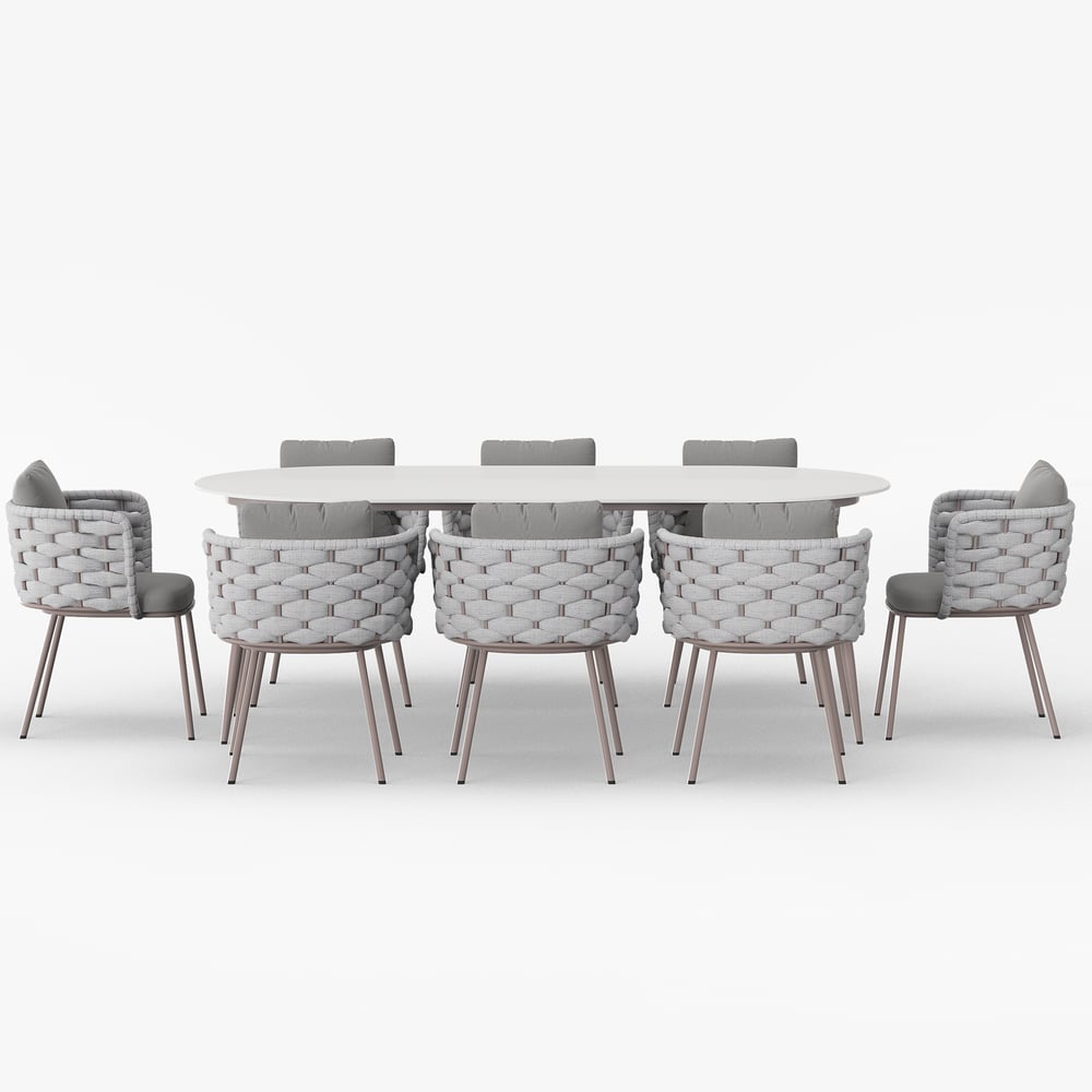 9 Pieces 84'' Outdoor Sintered Stone Top Dining Table Set with Rope Woven Armchairs window image
