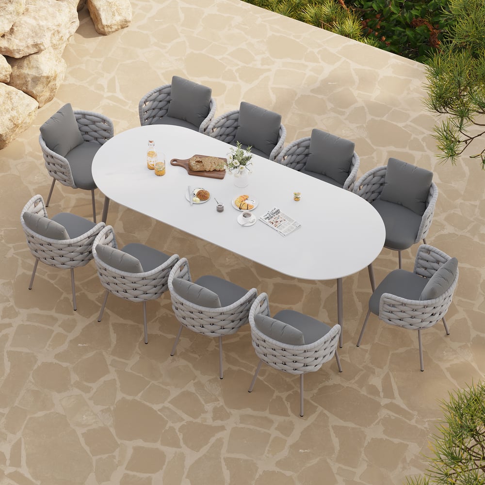 11 Pieces 94.5'' Outdoor Sintered Stone Top Dining Table Set with Rope Woven Armchairs window image