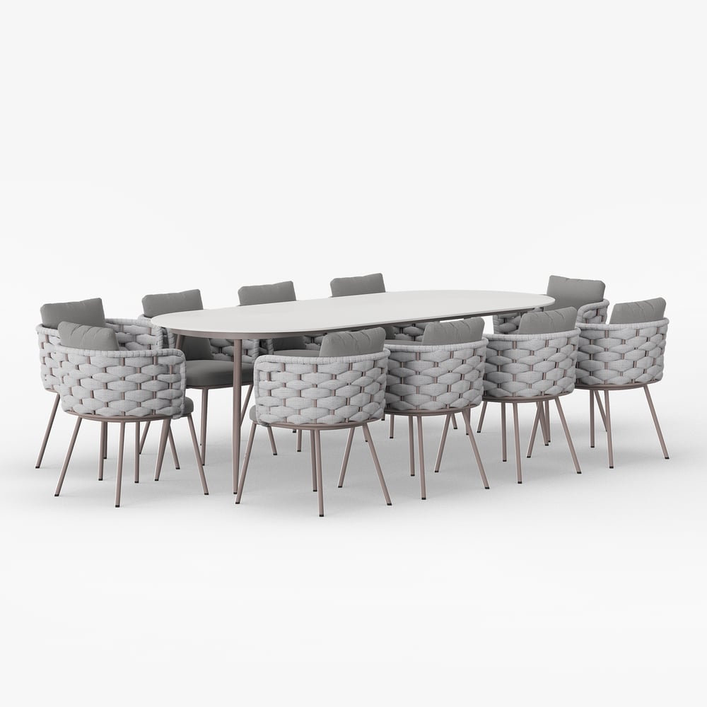 11 Pieces 94.5'' Outdoor Sintered Stone Top Dining Table Set with Rope Woven Armchairs