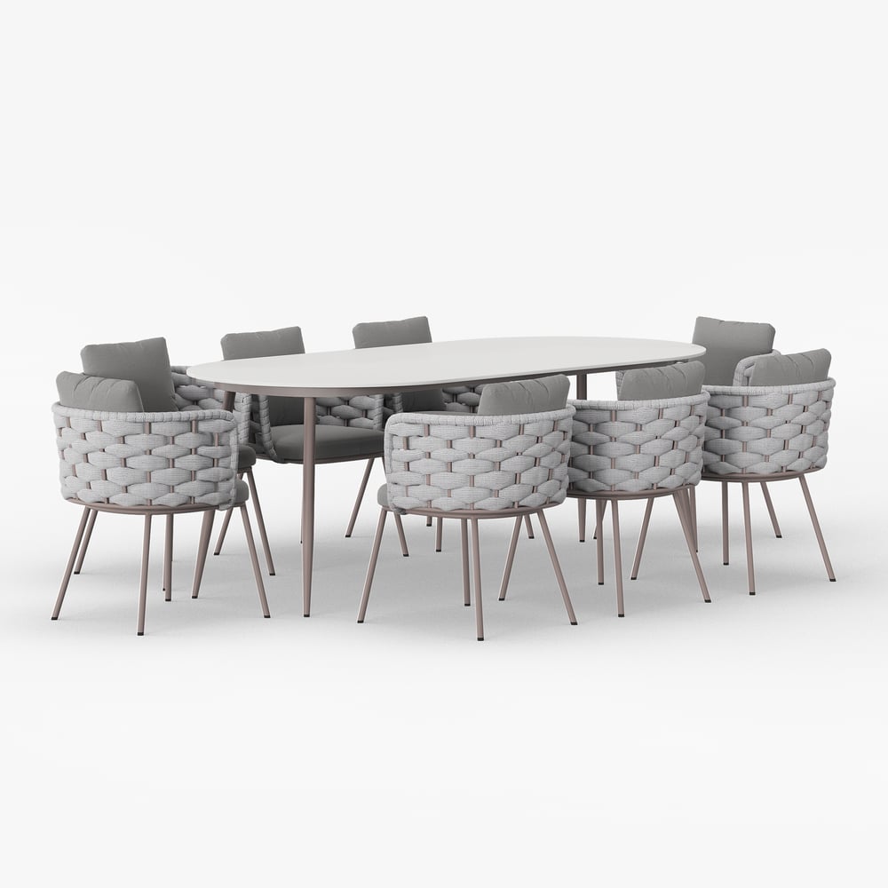 9 Pieces 84'' Outdoor Sintered Stone Top Dining Table Set with Rope Woven Armchairs window image