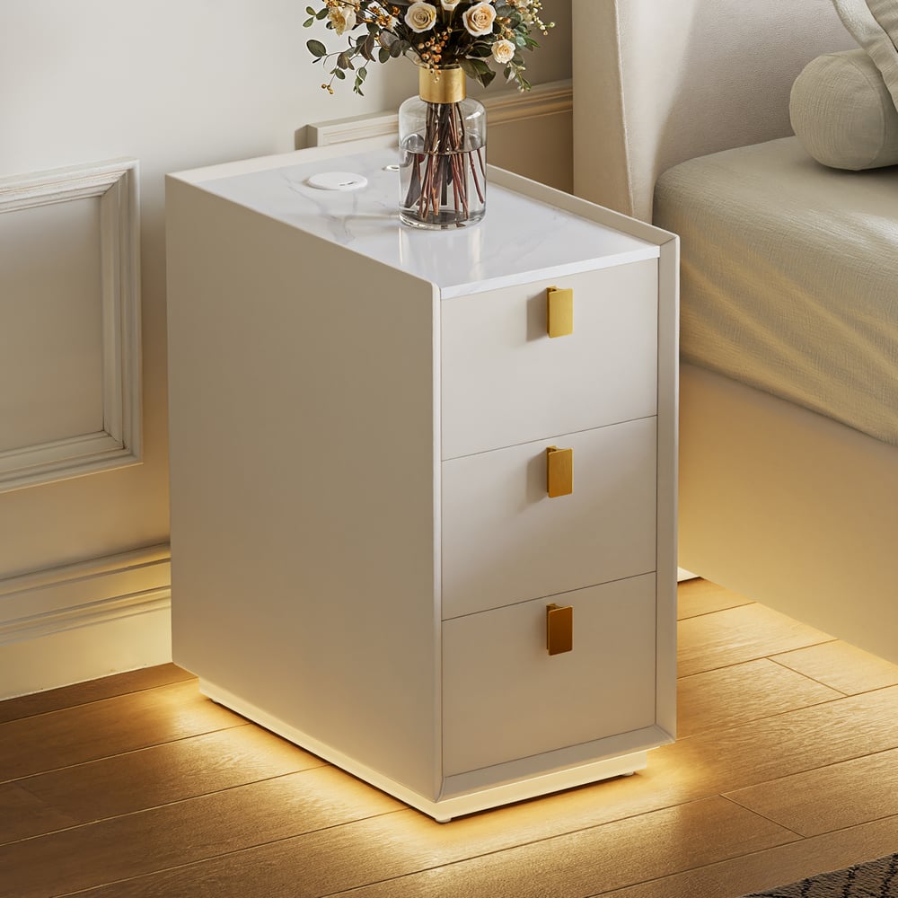 3-Drawer Narrow Bedside Table with Built-in Charging Station and Adjustable Lighting window image