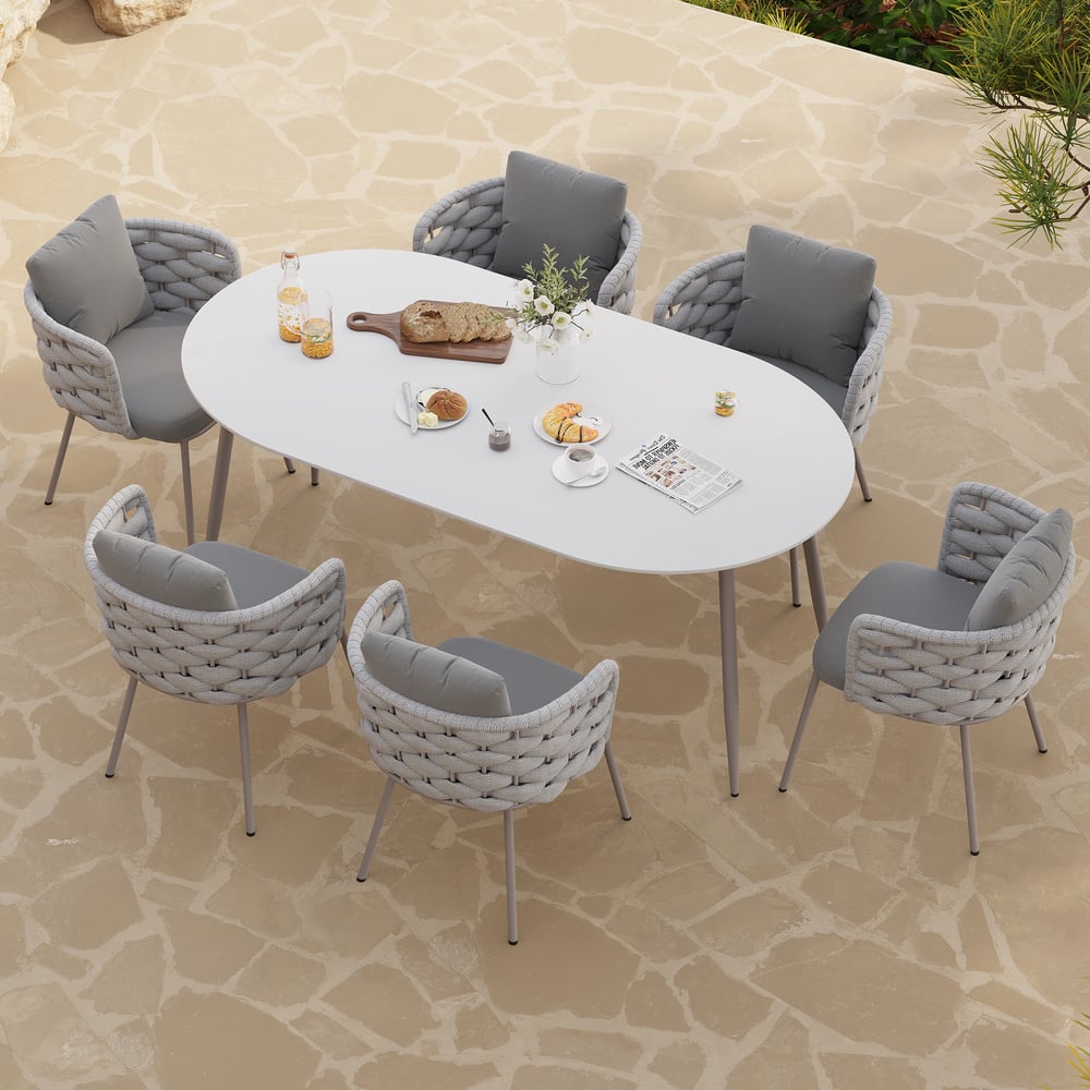 Customer Reviews for 7 Pieces 70.9'' Outdoor Sintered Stone Top Dining Table Set with Rope Woven Armchairs