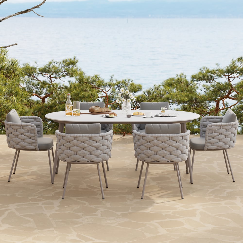 Customer Reviews for 7 Pieces 70.9'' Outdoor Sintered Stone Top Dining Table Set with Rope Woven Armchairs