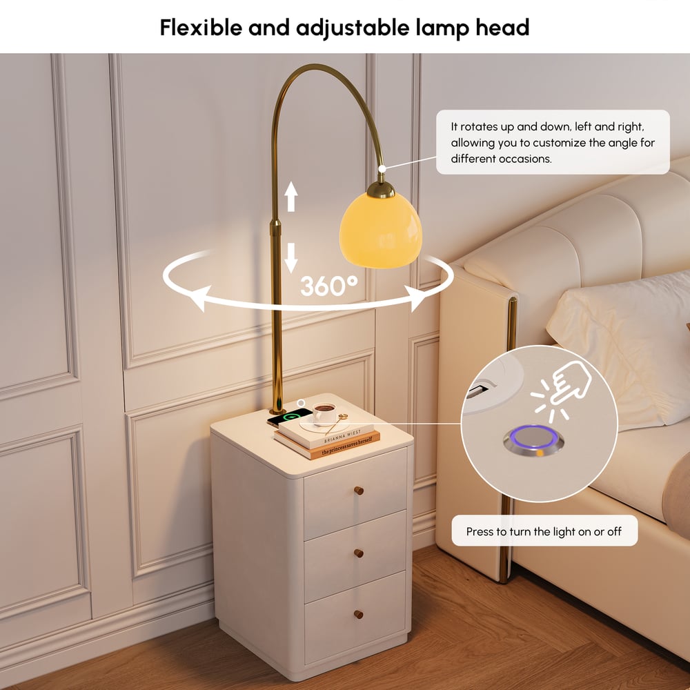 3-Drawer LED Smart Bedside Table with Adjustable Lamp Head and Charging Station window image