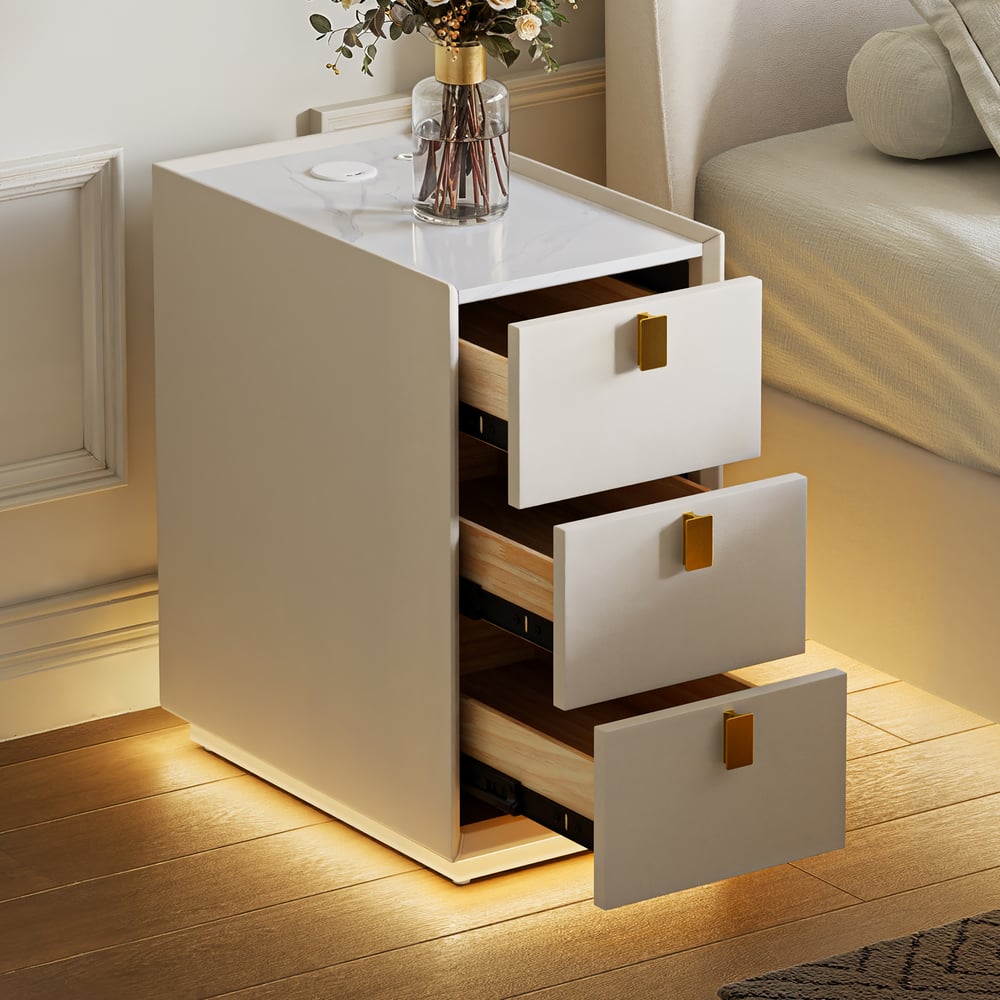 3-Drawer Narrow Bedside Table with Built-in Charging Station and Adjustable Lighting window image