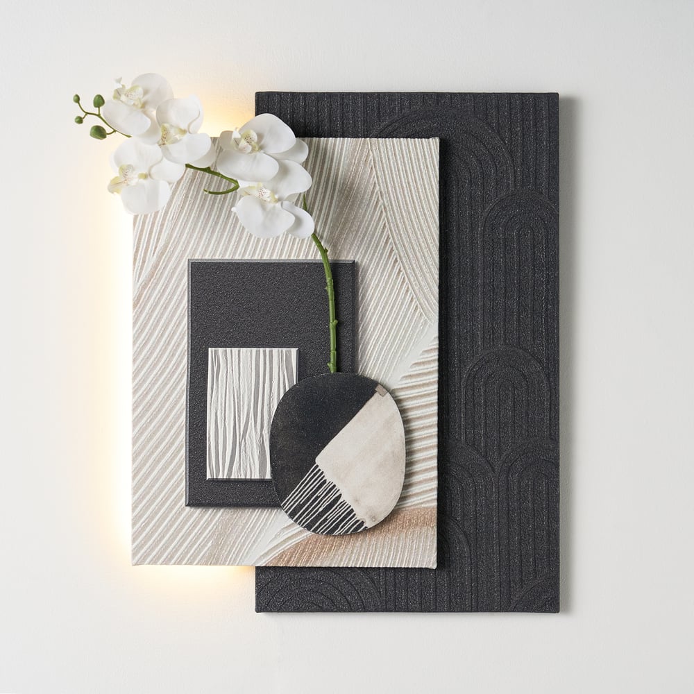 Modern Black & White Wall Art with LED Warm Light & Faux Orchid – 23.6" x 19.3"