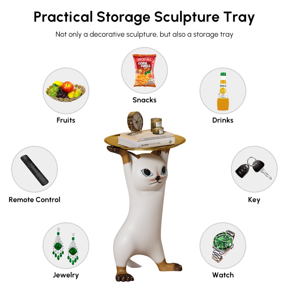Cat Deco Resin Figurine Side Table with Tray Top window image