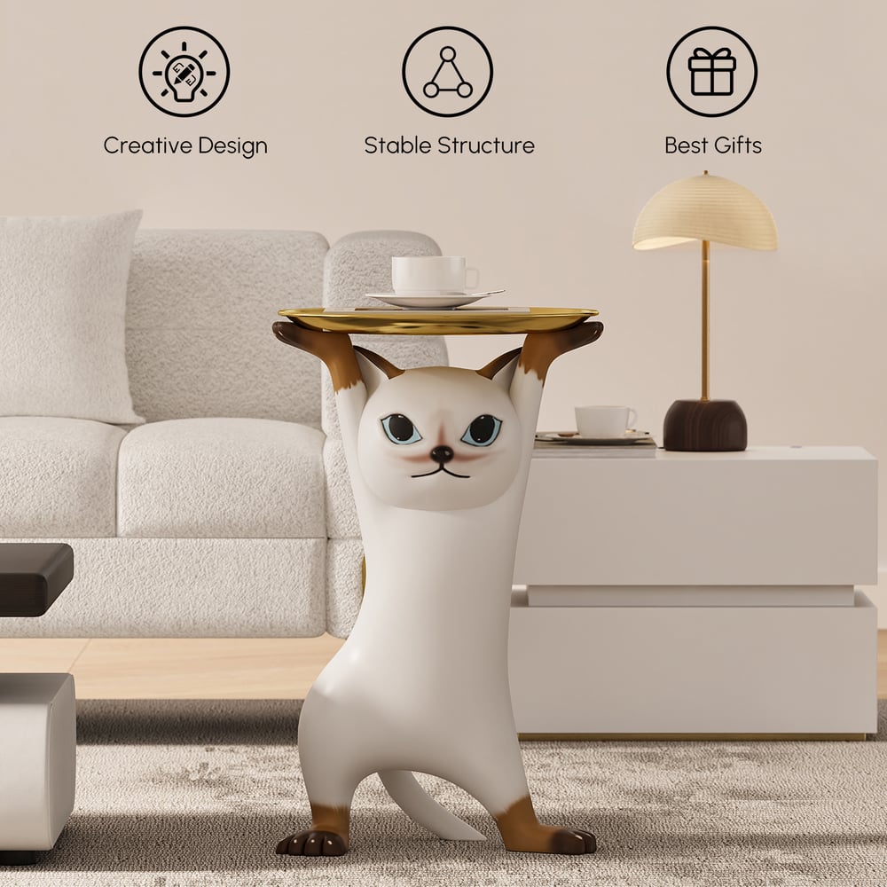 Cat Deco Resin Figurine Side Table with Tray Top window image