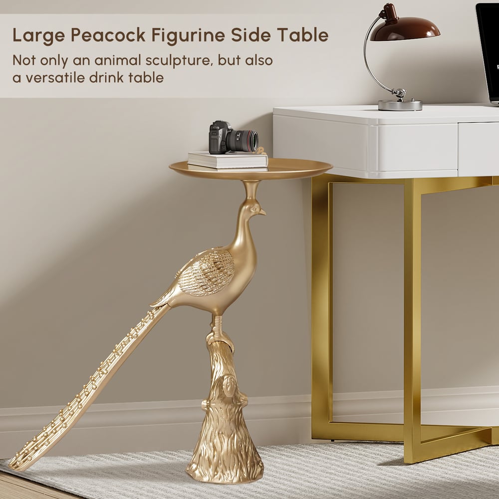 Peacock Figurine Art Deco Gold Side Table with Tray Top window image