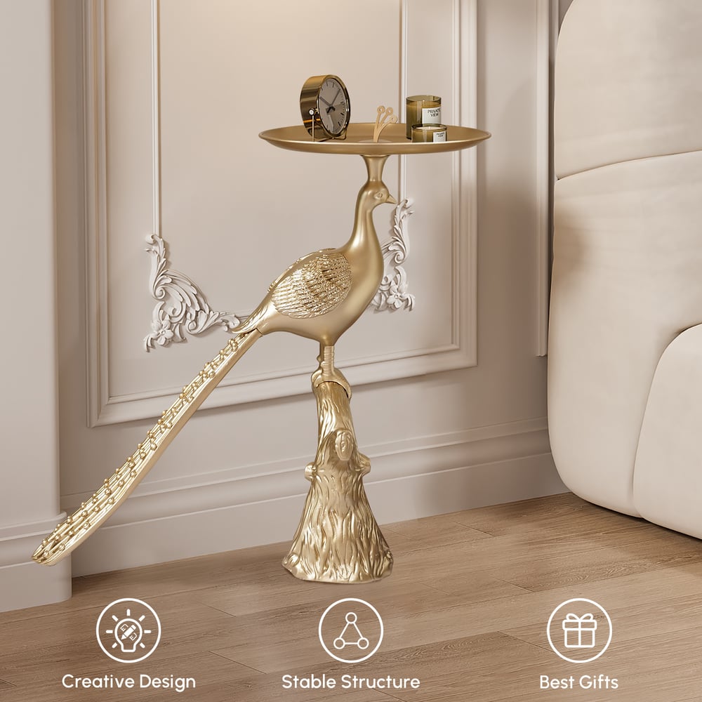 Peacock Figurine Art Deco Gold Side Table with Tray Top window image