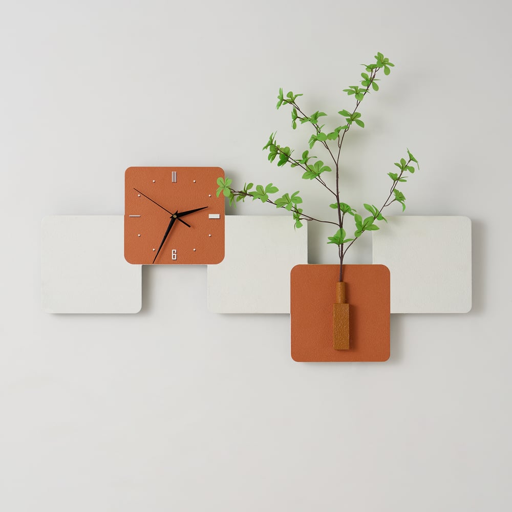 Modern LED Wall Clock with Faux Greenery – White & Orange, 39" x 18", Quartz Movement