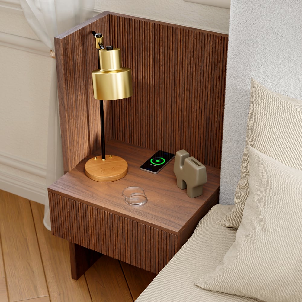 Lit en bois massif 180 x 200 cm avec tête de lit allongée en boucle et ensemble de table de chevet intelligente flottante image de fenêtre