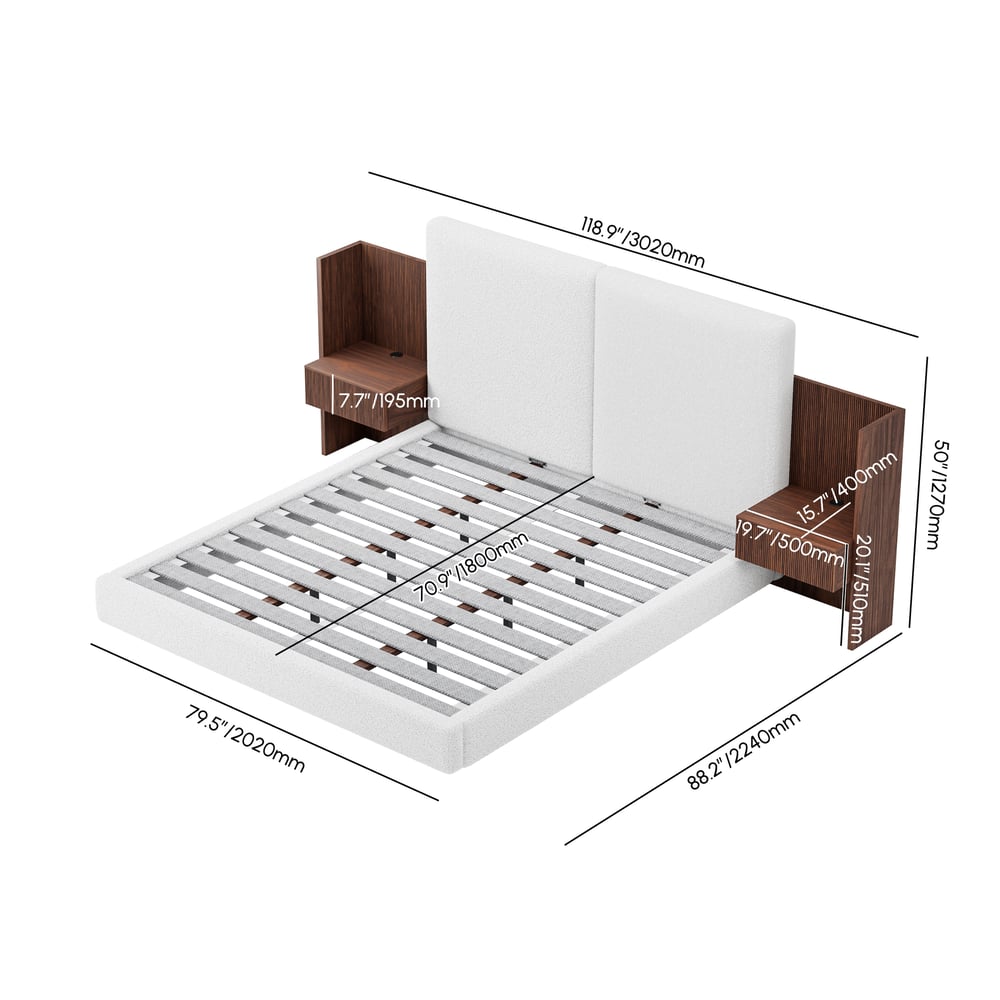 Lit en bois massif 180 x 200 cm avec tête de lit allongée en boucle et ensemble de table de chevet intelligente flottante Poids, dimensions, image