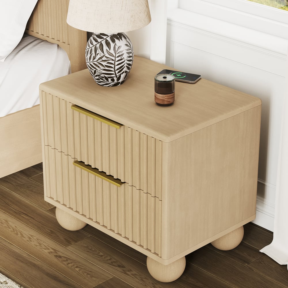 25" Fluted Solid Wood 2-Drawer Nightstand with Charging Station window image