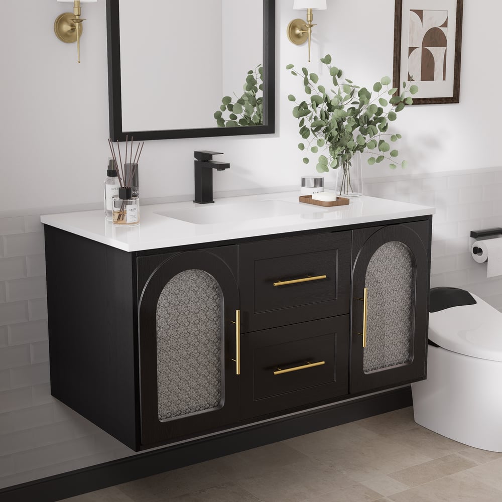 42" Arune Black Bathroom Vanity with Arched Glass Doors, Drawers and Light