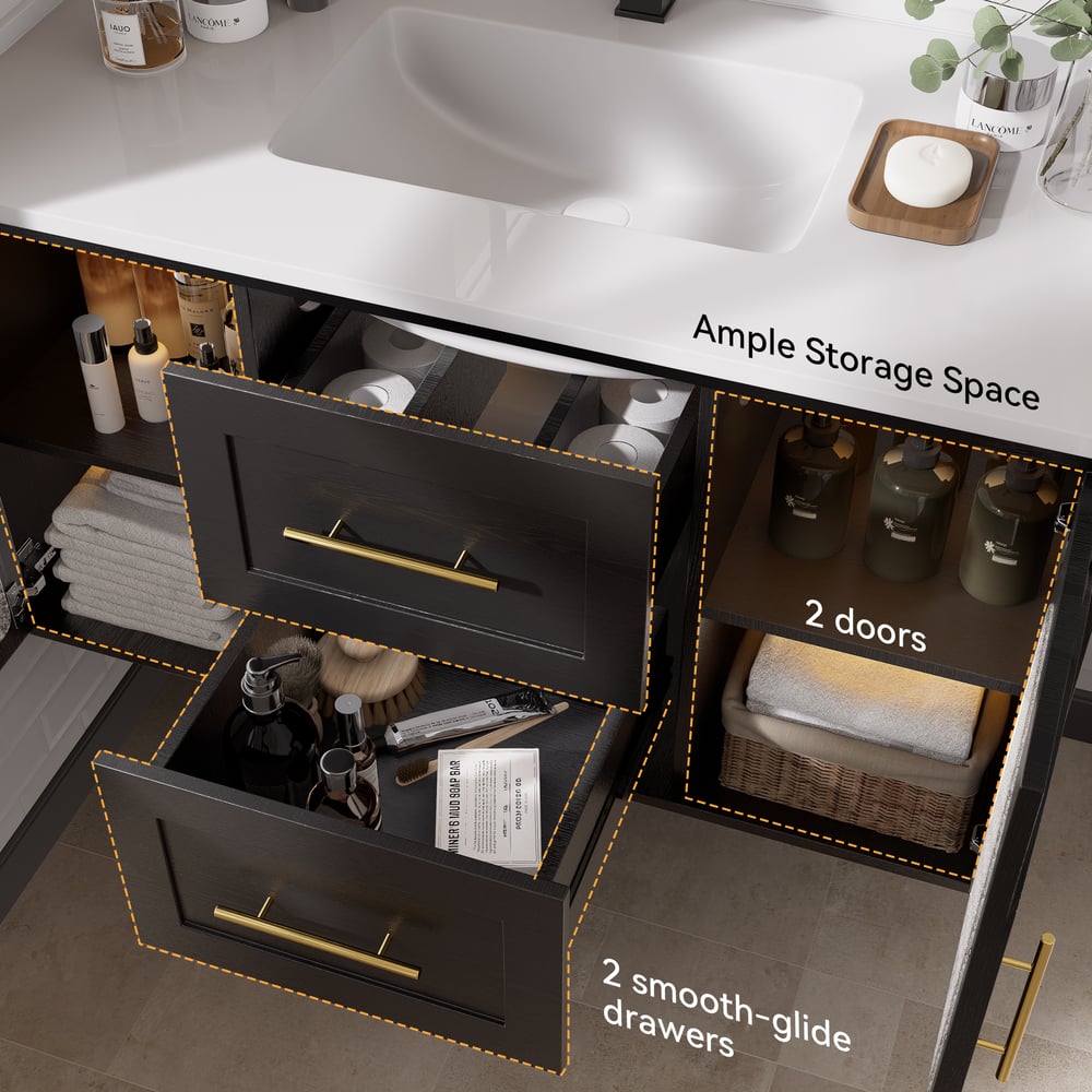 42" Arune Black Bathroom Vanity with Arched Glass Doors, Drawers and Light