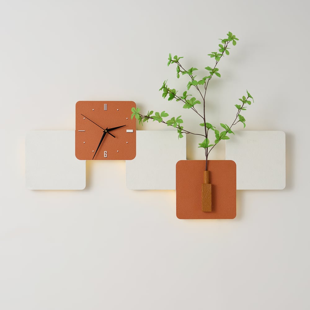 Modern LED Wall Clock with Faux Greenery – White & Orange, 39" x 18", Quartz Movement
