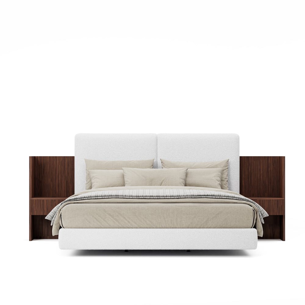 Lit en bois massif 180 x 200 cm avec tête de lit allongée en boucle et ensemble de table de chevet intelligente flottante image de fenêtre