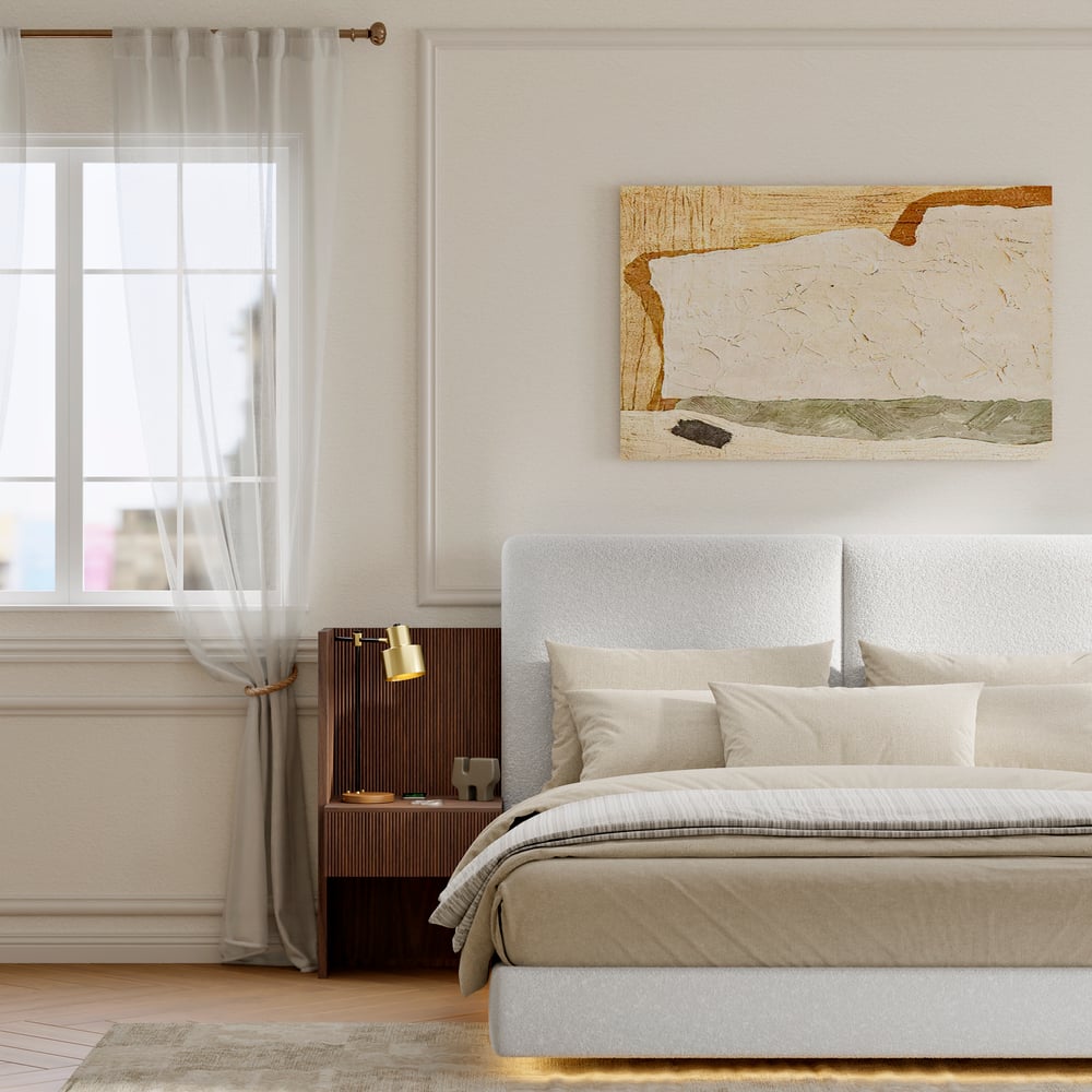 Lit en bois massif 180 x 200 cm avec tête de lit allongée en boucle et ensemble de table de chevet intelligente flottante image de fenêtre