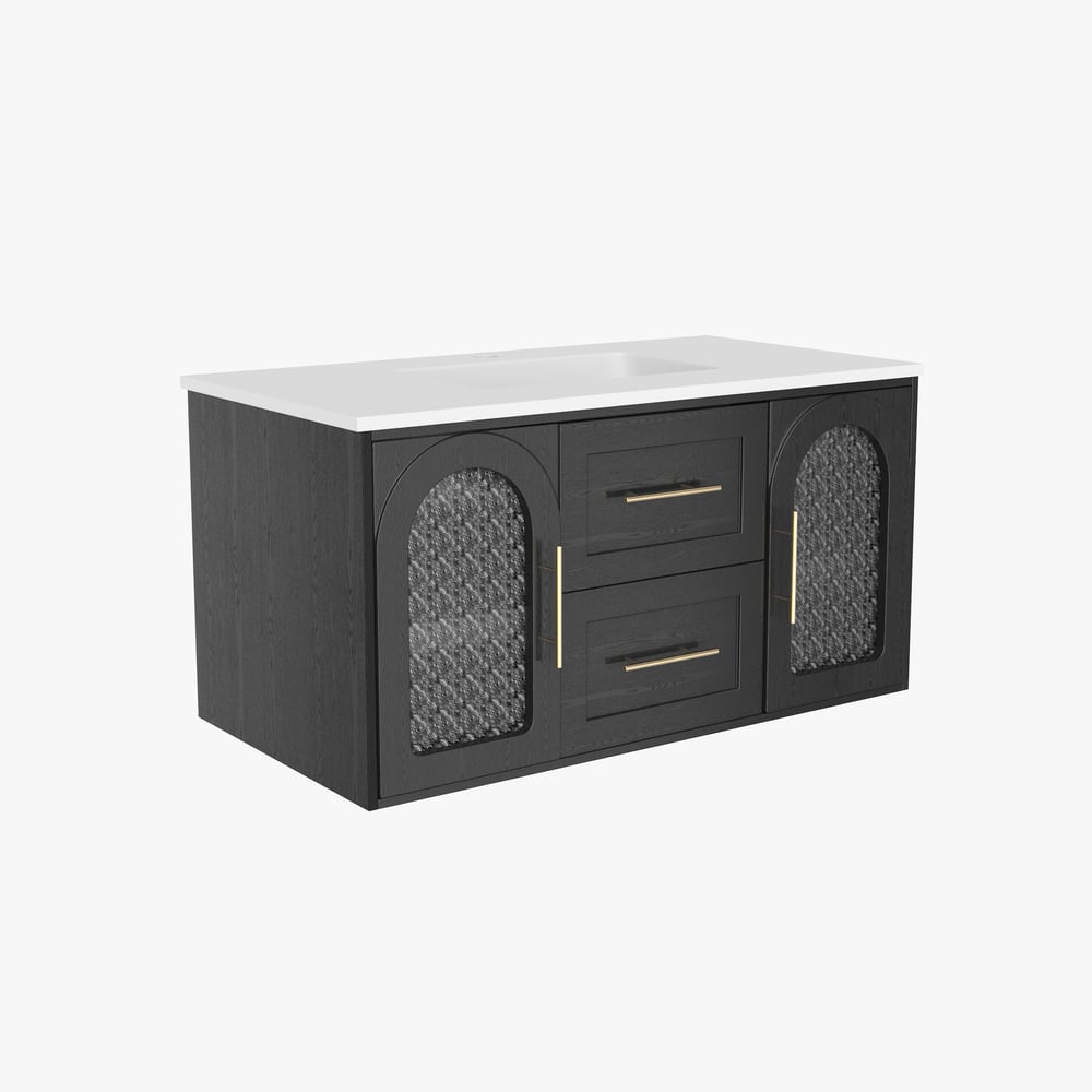 42" Arune Black Bathroom Vanity with Arched Glass Doors, Drawers and Light