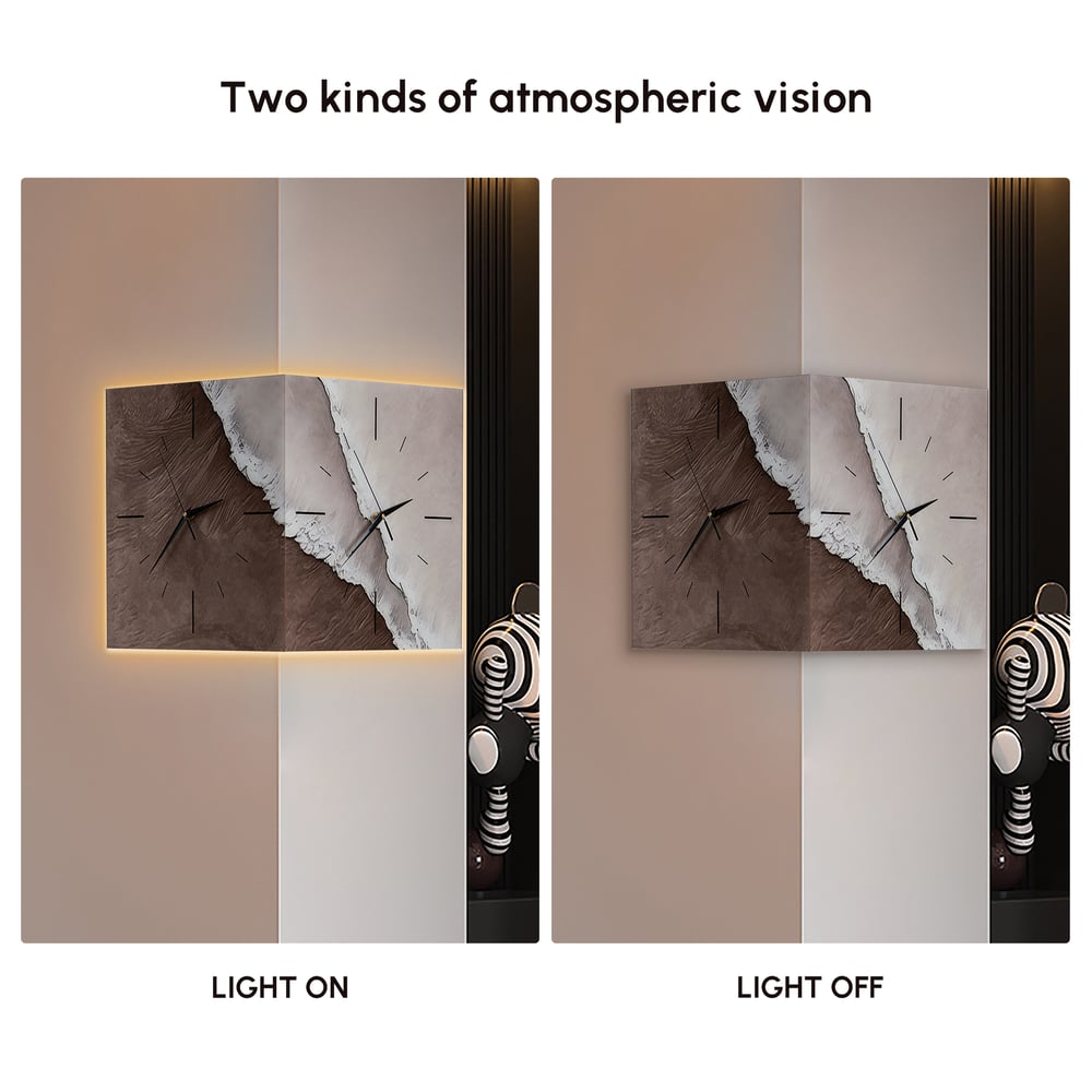 Modern Corner Wall Clock with Adjustable Light Textured Artistic Design in Living Room window image