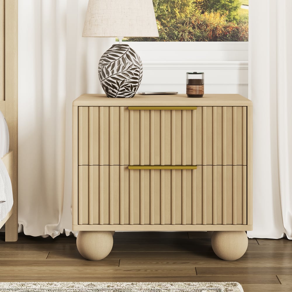 25" Fluted Solid Wood 2-Drawer Nightstand with Charging Station window image
