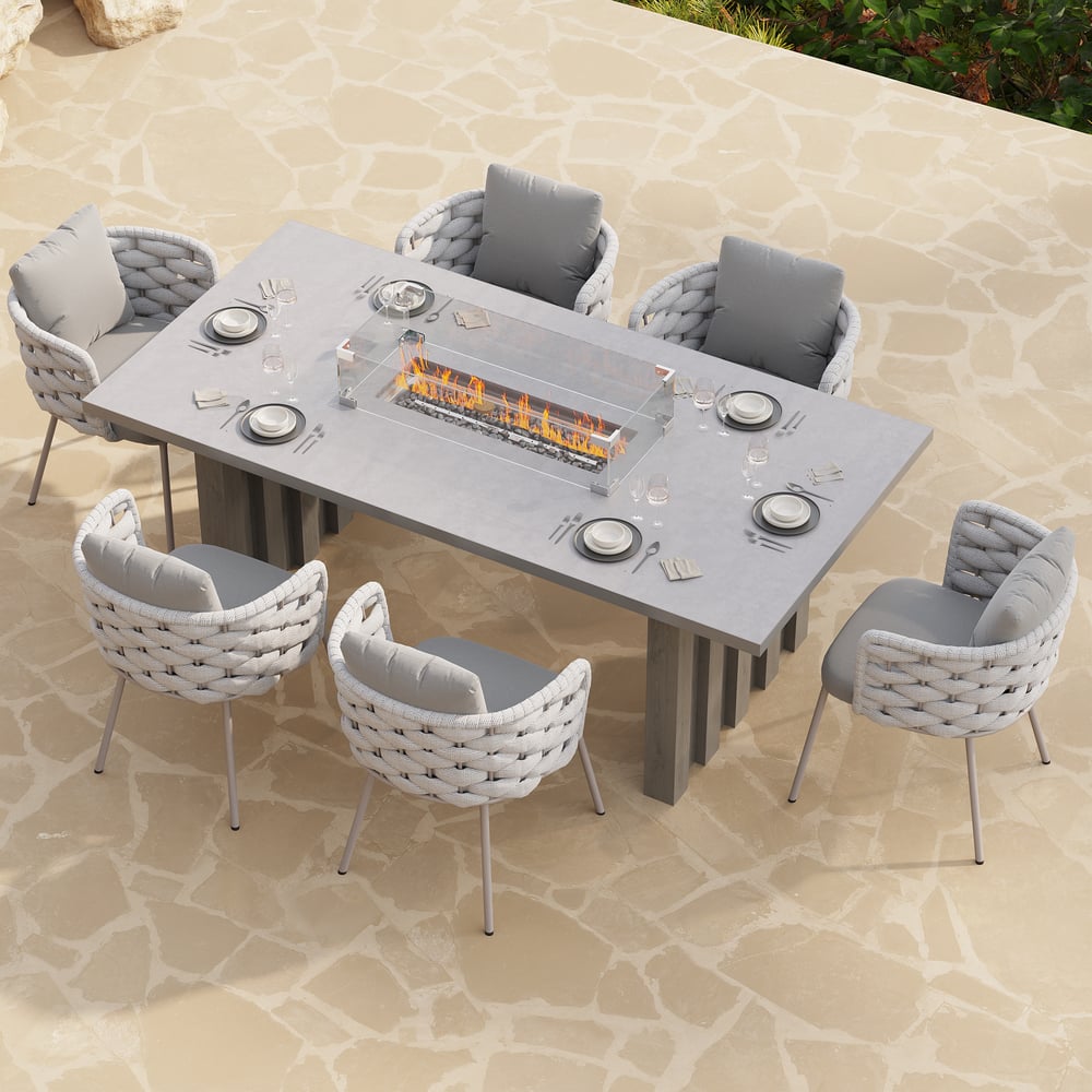 7 Pieces Gray Aluminum Outdoor Fire Patio Dining Set with Woven Armchair window image