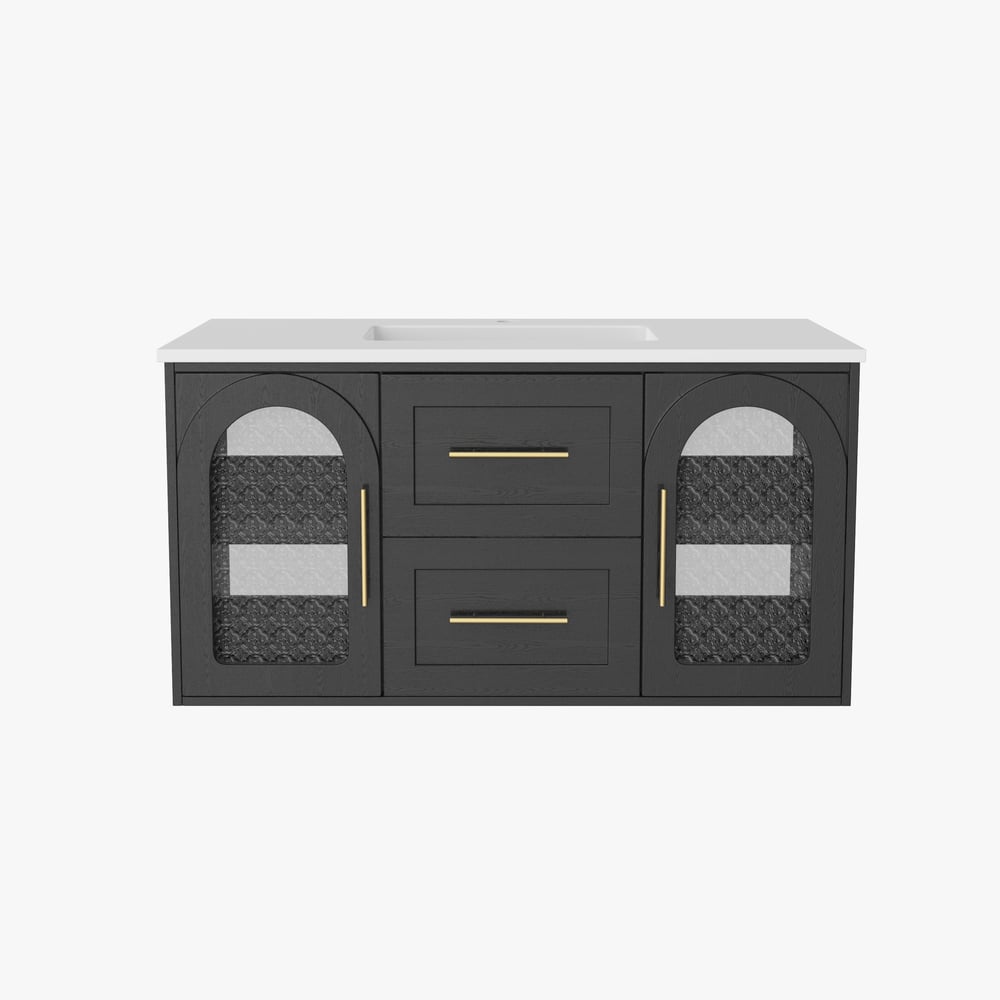 42" Arune Black Bathroom Vanity with Arched Glass Doors, Drawers and Light
