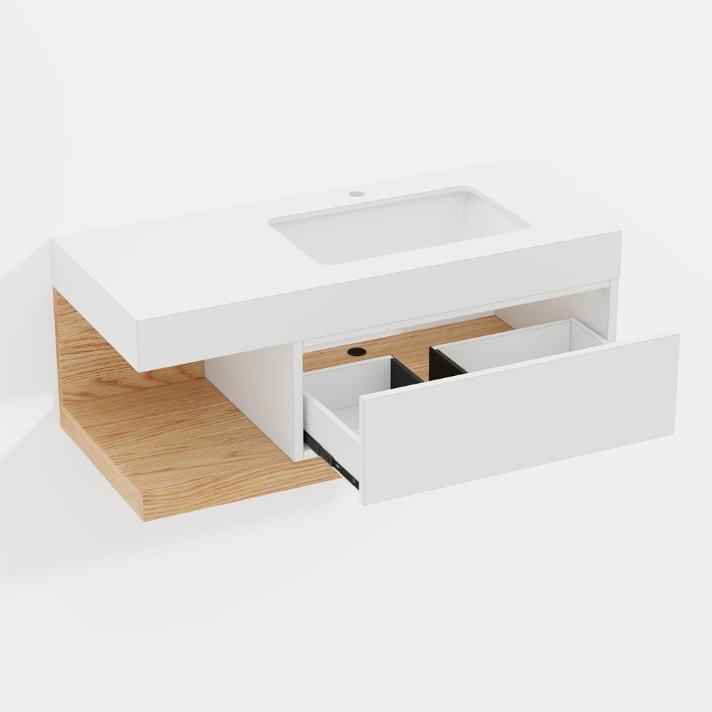 1000mm Modern Floating Bathroom Vanity Set With Single Basin Wall-Mount White & Natural window image